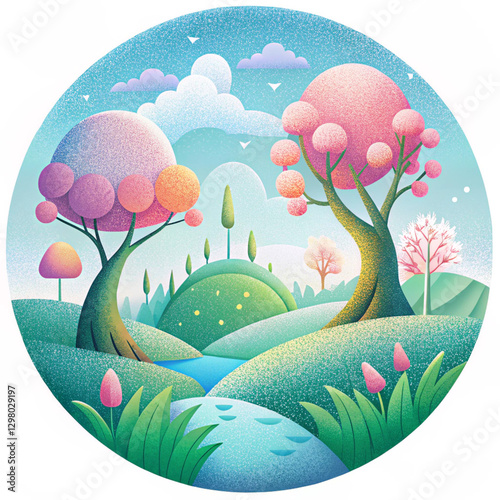 Whimsical spring scene with blooming trees, butterflies, and colorful houses in a playful illustration style. Great for kids' content and seasonal decor. photo