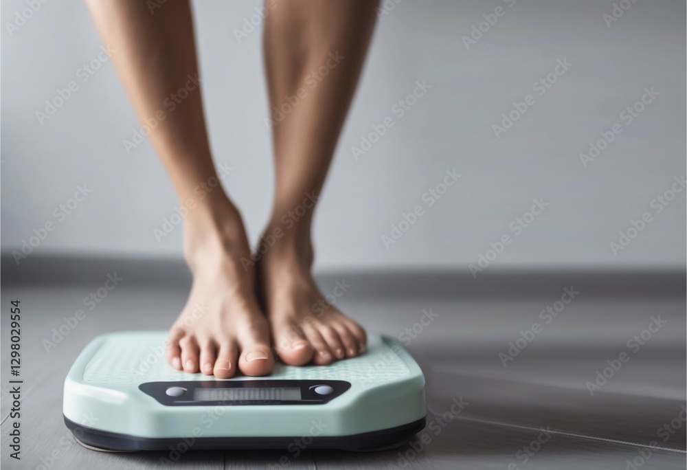 Fototapeta premium Feet and scales closeup, weight loss program, measure dieting results. Slimming and weight loss diet, exercise, yoga or nutrient poster, banner or flyer idea.