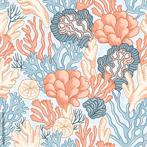 Vector seabed seamless pattern. Coral and algae in hand-drawn style. Coral repeat texture for fabric, wallpaper or wrappaper design. 