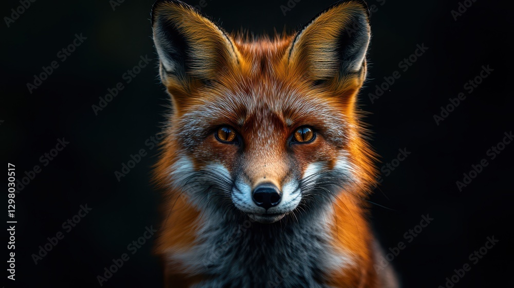 Fototapeta premium Dramatic pet portrait gaze concept. A striking close-up of a fox, showcasing its vibrant orange fur and piercing eyes against a dark background.