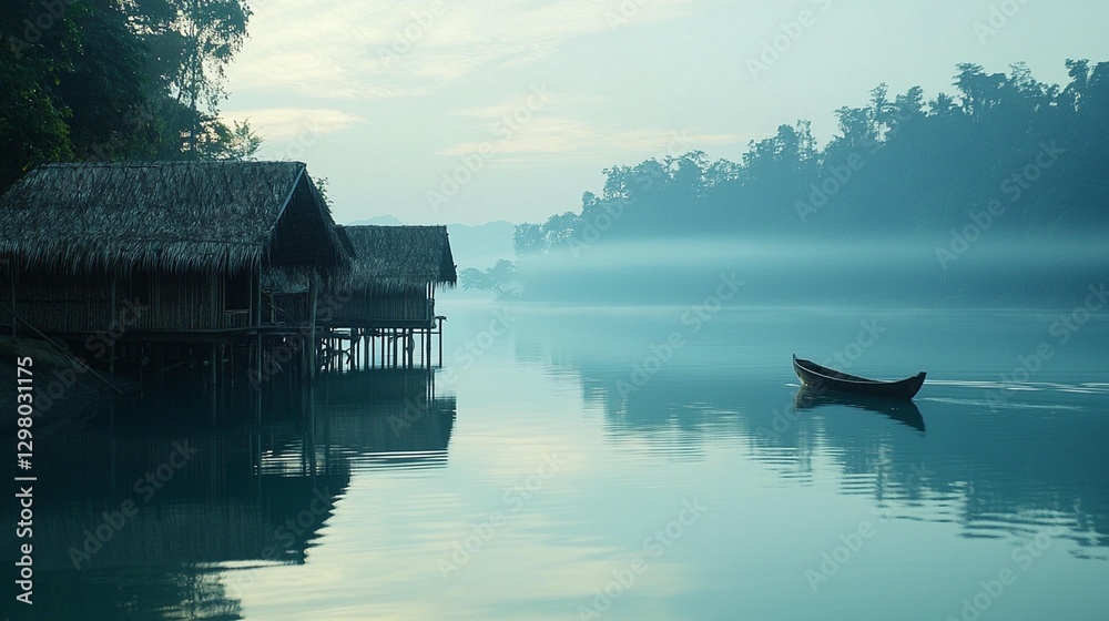 Fototapeta premium Mist Shrouds Still Lake with Water Houses