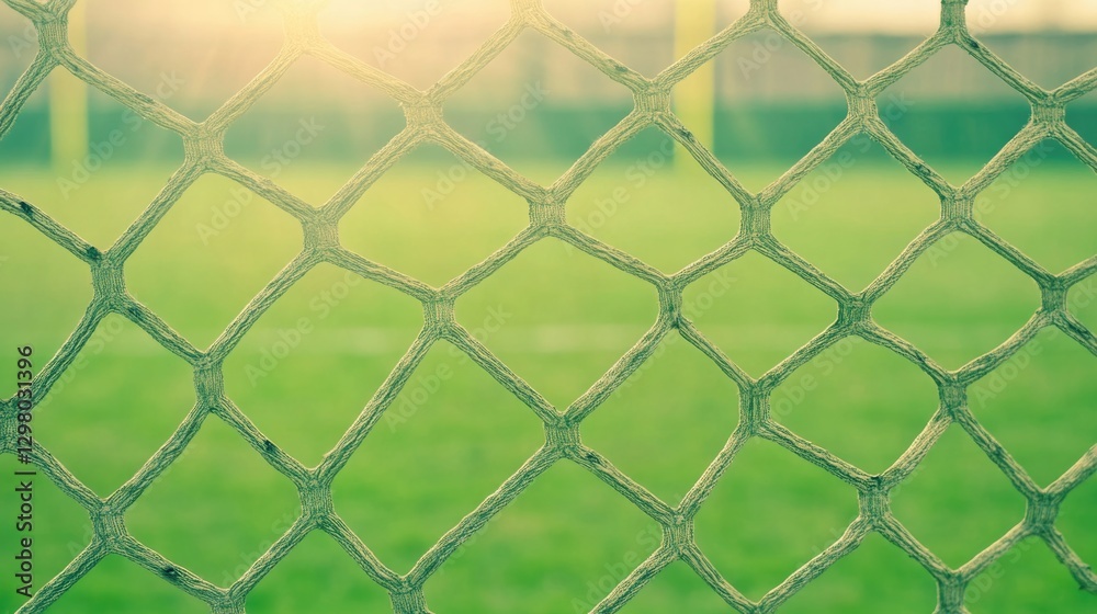 Fototapeta premium Netting glimmers under sunlight, framing lush green grass of soc