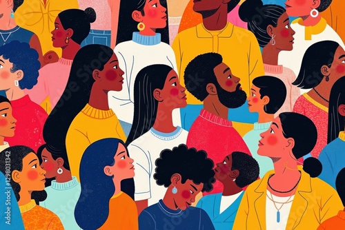 Diverse Group of Adults and Children in a Colorful Illustration Representing a Multicultural Scene with Varying Ages, Genders, and Ethnicities