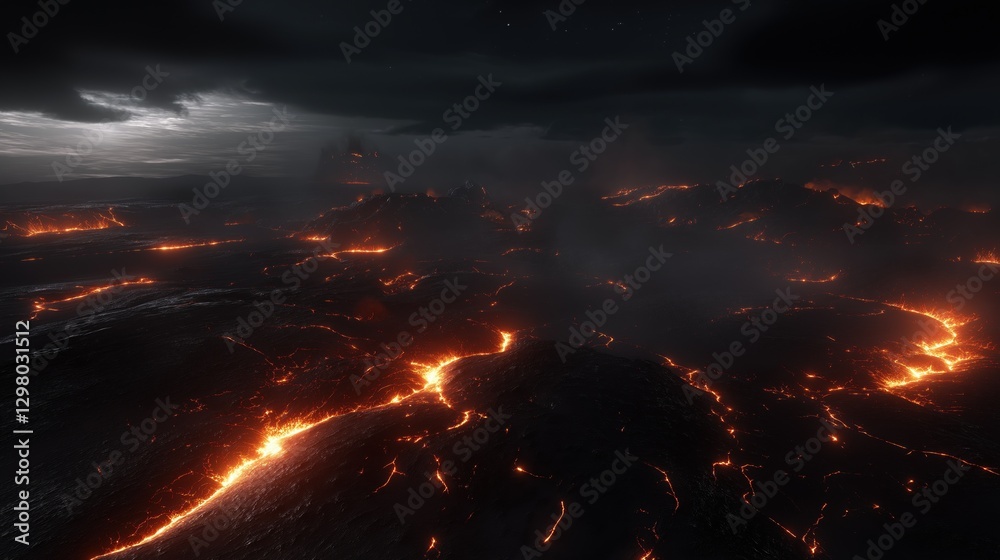 Fototapeta premium Landscape photograph of a volcano at night. the sky is dark and cloudy, and the horizon is visible in the distance.