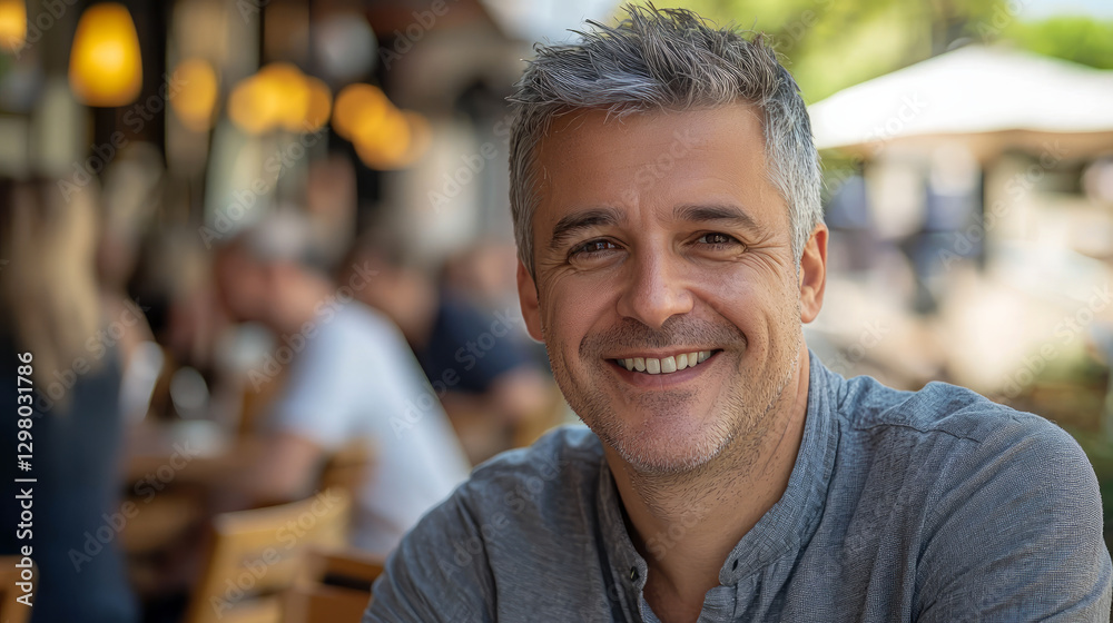 Fototapeta premium A handsome man in his late thirties is smiling at the camera. He has short gray hair and is wearing an open gray shirt, sitting outside a cafe on a summer day, generative AI