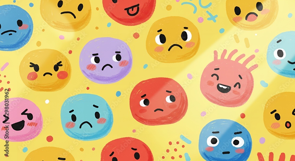 Vibrant Colorful Cartoon Emojis Displaying Various Emotions: A Delightful Pattern of Happy and Sad Faces Vibrant Colorful Cartoon Emojis Displaying Various Emotions: A Delightful Pattern of Happy and Sad Faces