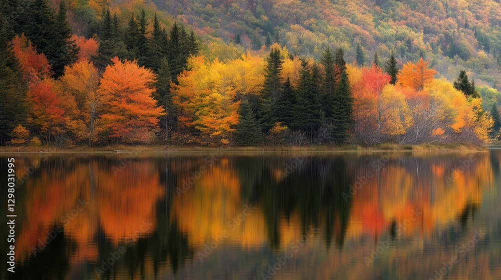 Obraz premium Autumn foliage reflected in calm lake water.