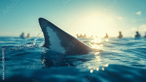 dangerous shark's fin emerging from the ocean, symbolizing danger and nature's power, with blurred vacationers in the background enjoying the water