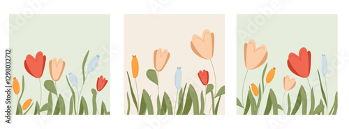 Spring card with floral pattern. Design for happy mom birthday with flower. Easter bouquet graphic with elegant leaves. Cute blossom composition illustration. Poster banner decoration set for women