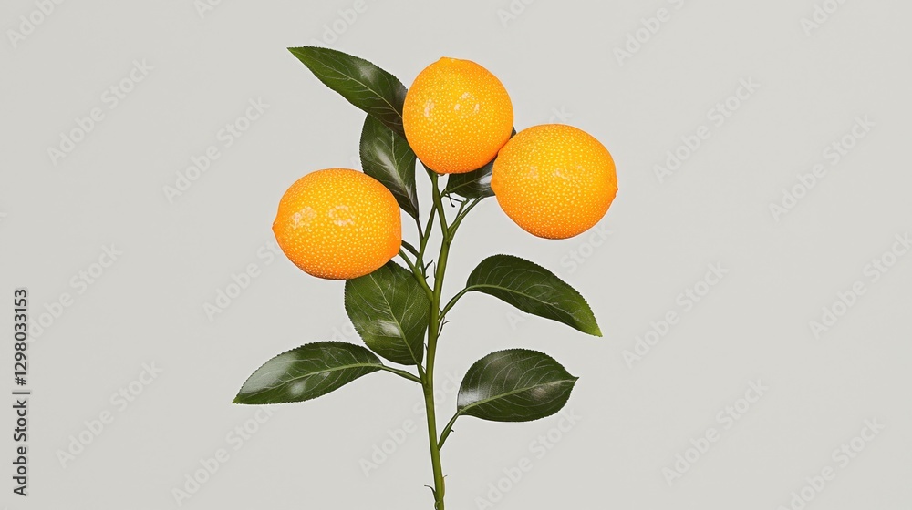 Three oranges on a branch against a gray background.  Food photography for recipe blogs