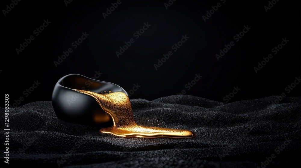 Liquid gold spills from black bowl onto rough surface, against a dark background
