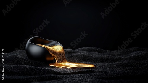 Obraz na płótnie Liquid gold spills from black bowl onto rough surface, against a dark background w salonie
