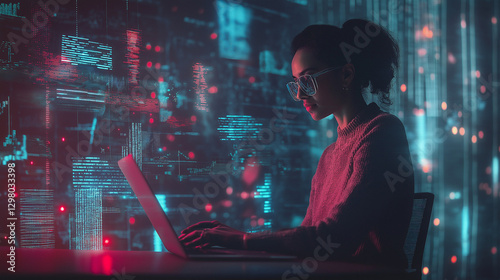 ノートPCを使った未来的なデジタル作業シーン | ホログラフィックUIとサイバーテクノロジー
Futuristic Laptop Work Scene | Holographic UI & Cyber Technology