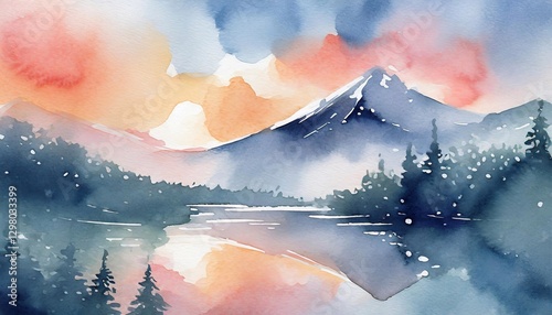Watercolor landscape of the mountain, artistic sky and the river in the forest.