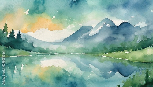 Green mountain and beautiful sky in watercolor painted style for background,