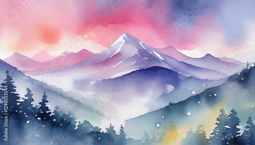 Wonderful sky and beautiful watercolor painted of the mountain and forest.