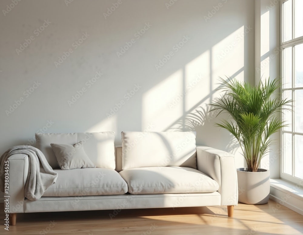Fototapeta premium Modern minimalist living room with white couch and potted palm in natural light from window. Hardwood floor, cozy neutral colors setting, soft furnishing. Comfortable sofa, stylish home interior.
