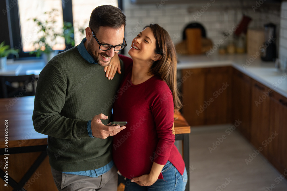 Naklejka premium Couple with pregnant woman make video call, taking selfie, spend leisure at home enjoy modern tech