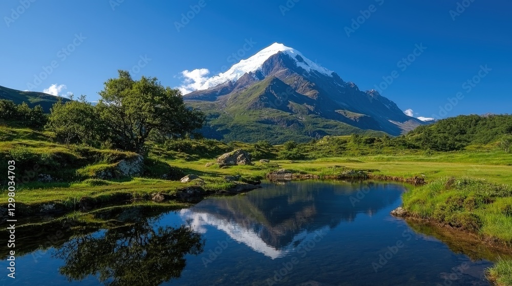 Mountain peak reflection in clear water pond surrounded by meadow and green trees Mountain peak reflection in clear water pond surrounded by meadow and green trees