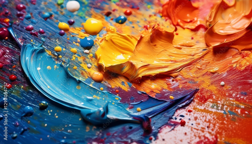Fototapeta premium Macro colorful paint splatters on canvas: fine texture details & vibrant colors. Abstract & dynamic. Ideal for artistic backgrounds & creative overlays.