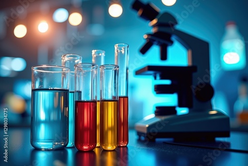 A Close-Up View of Colorful Chemically-Reactive Liquid Solutions in Test Tubes Set Against a Modern Microscope in a Scientific Laboratory Environment