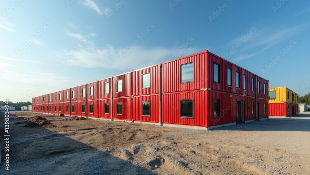 Modular Construction. Red building is next to yellow building on side of road Modular Construction. Red building is next to yellow building on side of road