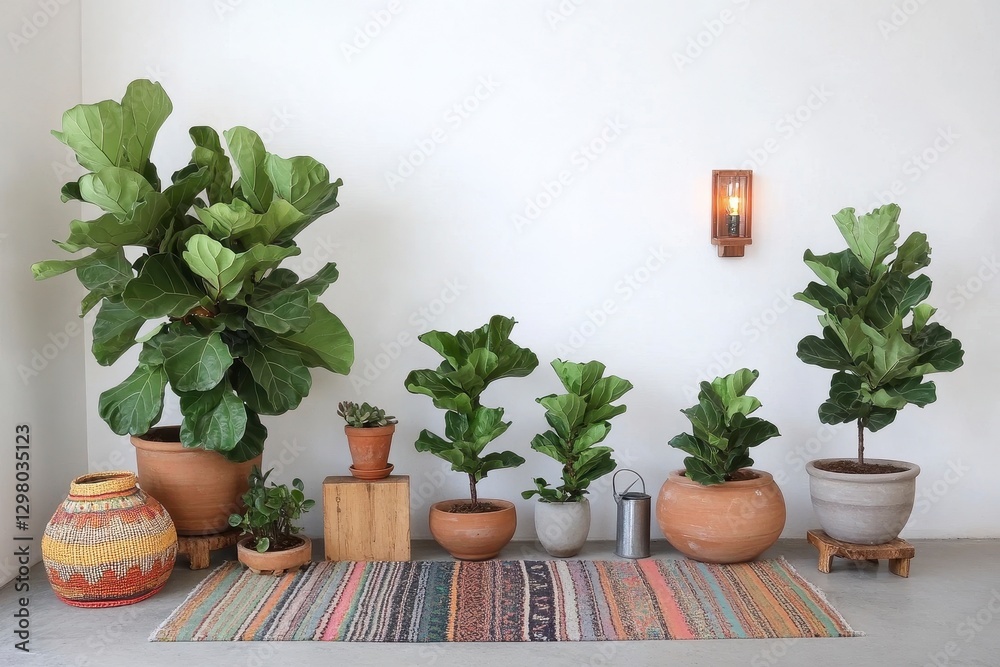 Fototapeta premium Fiddle Leaf Fig Collection in Terracotta and Concrete Pots on Rug