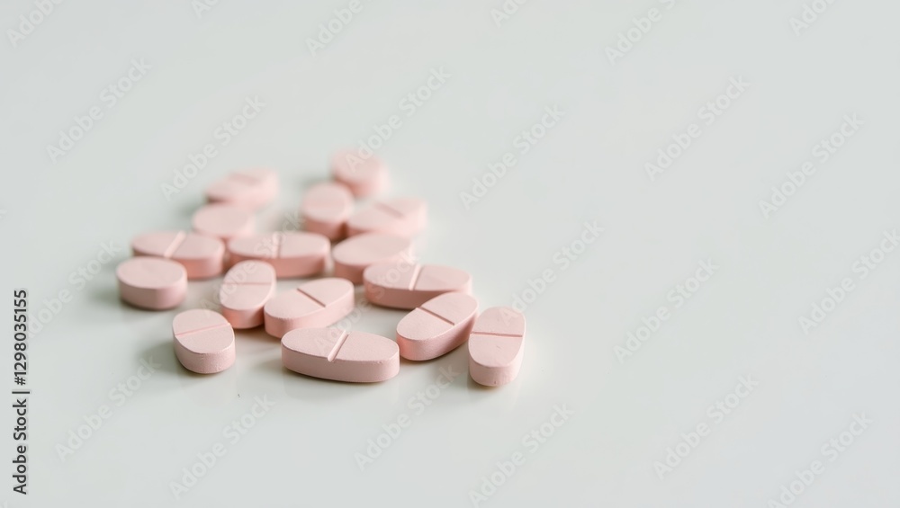 Muscle Relaxant. Pills are pink and white on white surface Muscle Relaxant. Pills are pink and white on white surface