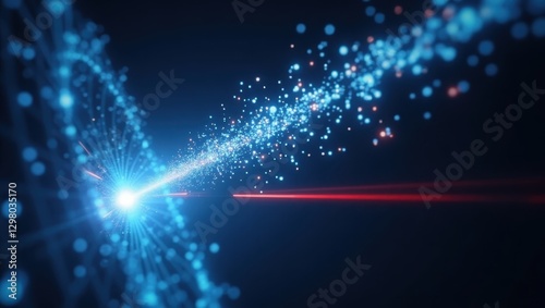 Mprt. Blue particles with bright light beam digital technology abstrac