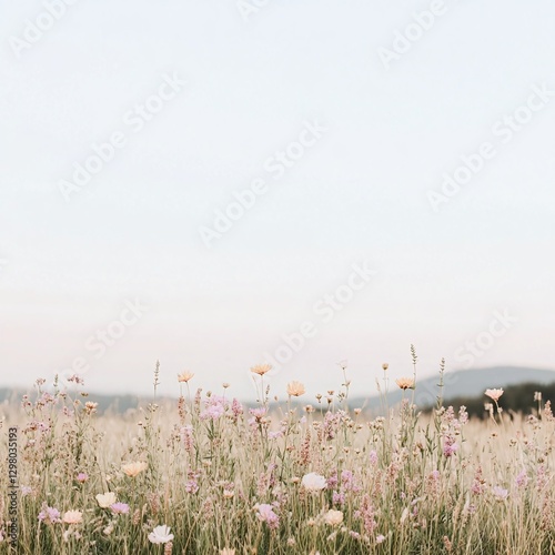 Meadow at sunrise with golden hints illuminating blooming flowers amidst a soft gradient sky