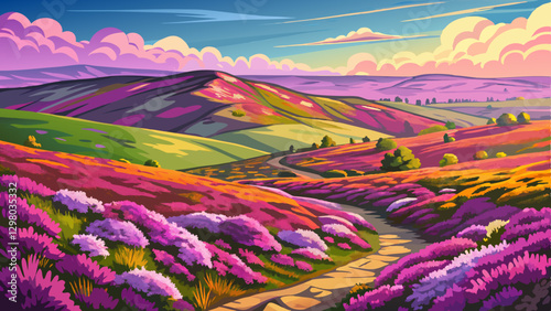 North Yorkshire Moors showcase a captivating and vast display of blooming heather featuring a stunning purple carpet of flowers and an untamed beauty that permeates