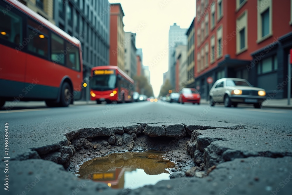 Obraz premium Urban Street Scene Depicting a Pothole Filled with Water, Highlighting Infrastructure Issues in a City Road with Buses and Cars Passing By