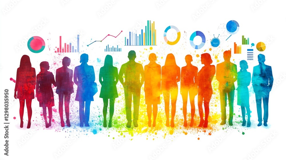 Obraz premium Colorful Business Team Silhouette with Data Visualization and Watercolor Texture