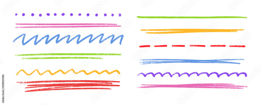 Colorful crayon divider set - purple dots, pink strokes, blue zigzag, green lines, orange waves, red dashes with chalk textured effect. Hand drawn underline for borders, highlighting or decoration.