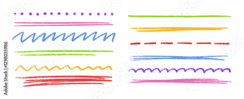 Colorful crayon divider set - purple dots, pink strokes, blue zigzag, green lines, orange waves, red dashes with chalk textured effect. Hand drawn underline for borders, highlighting or decoration.