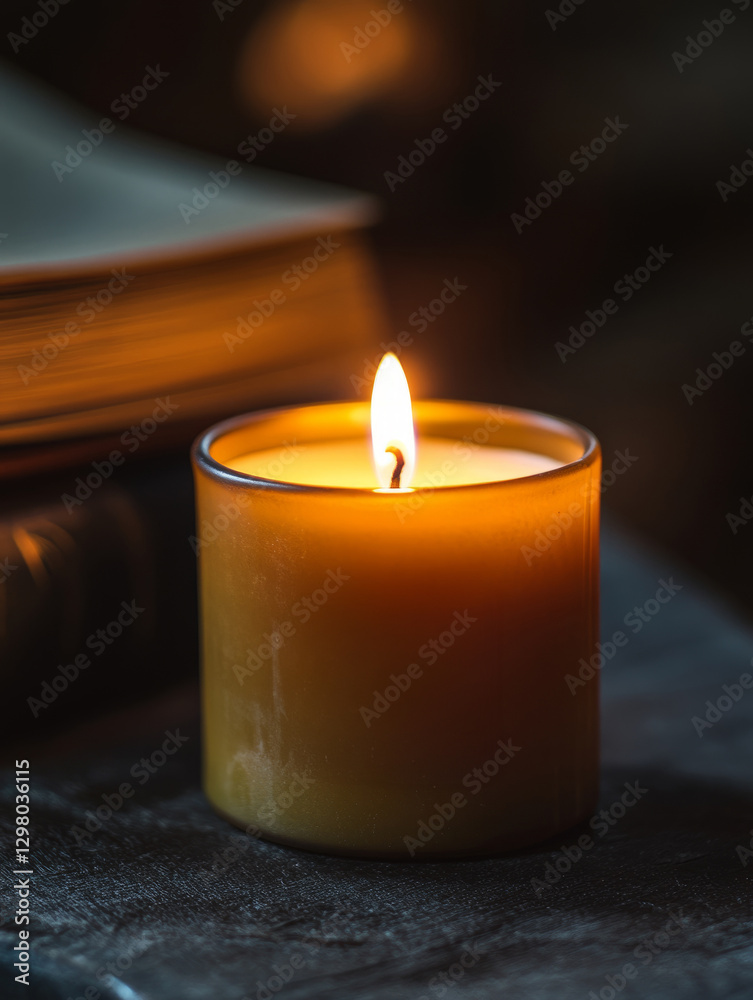 A lit candle next to an open book, creating a cozy ambiance. A lit candle next to an open book, creating a cozy ambiance.