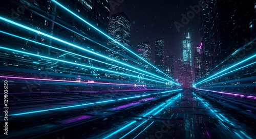 Neon Cityscape at Night Futuristic Streetscape with Glowing Lights and Speed Lines