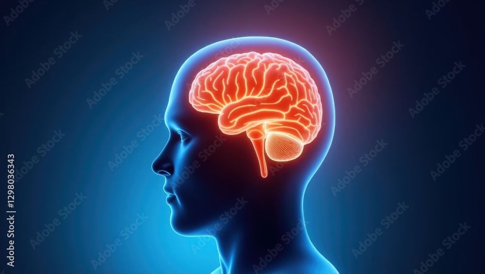 Orthostatic Headache. Brain is highlighted in blue and red image Orthostatic Headache. Brain is highlighted in blue and red image