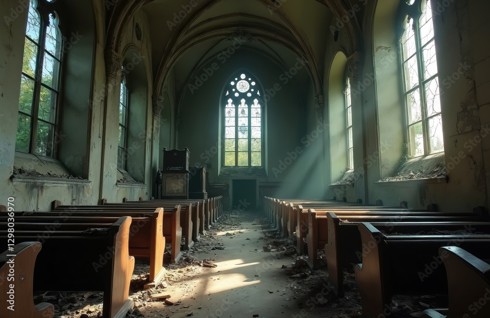 Fototapeta premium Eerie interior of creepy abandoned church, broken stained glass, fallen pews. Sunlight piercing windows illuminates decay. Gothic architecture, haunting atmosphere. Generative AI image for horror,