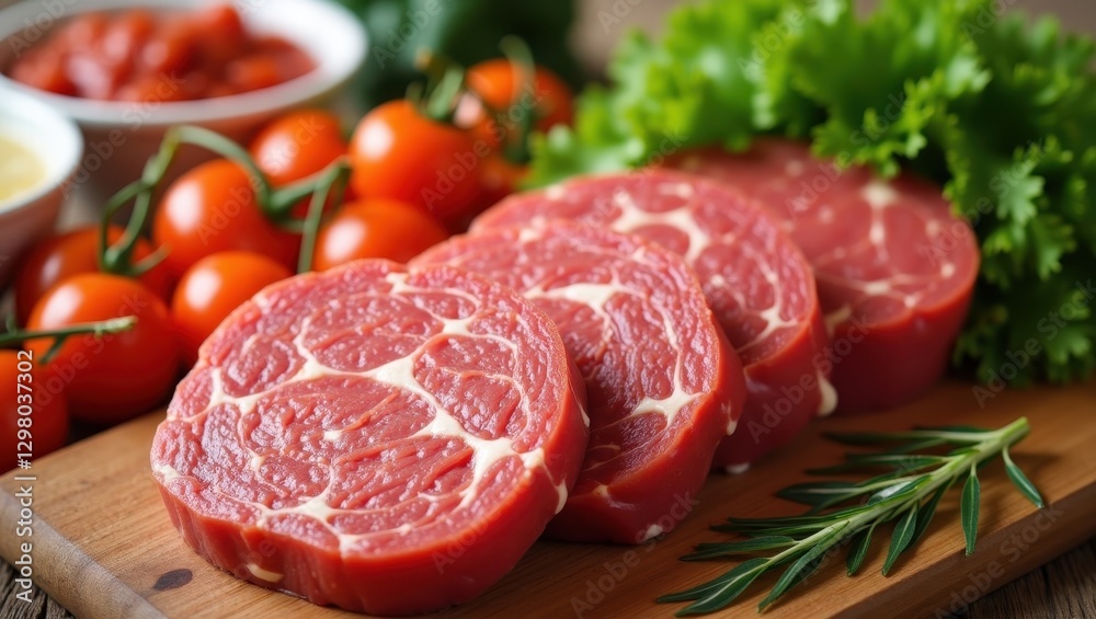 Plant-Based Meat. Meat is sliced and ready to be served on cutting board Plant-Based Meat. Meat is sliced and ready to be served on cutting board