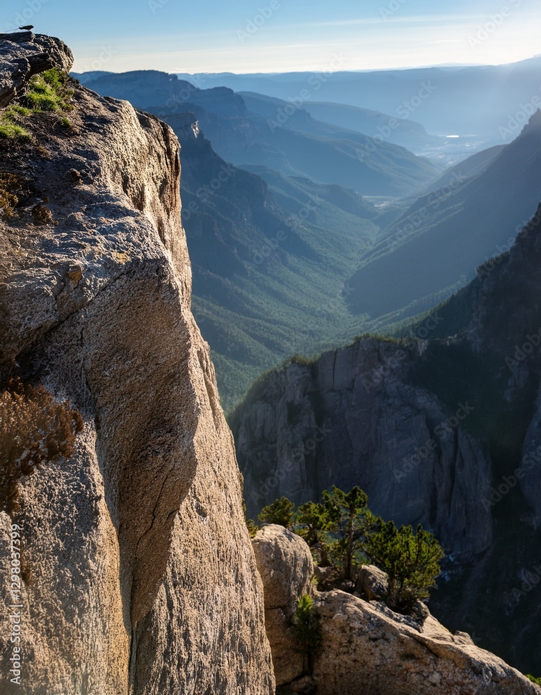 Fototapeta premium Macro mountain cliff edge, sweeping valley view at sunset. Grand & scenic landscape. Ideal for nature, travel, and breathtaking backgrounds.
