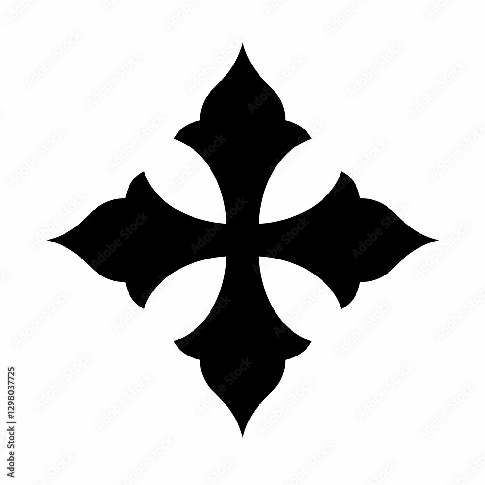 A bold black Maltese cross with four symmetrical arms, creating a balanced yet striking geometric design. The cross is set against a plain white background A bold black Maltese cross with four symmetrical arms, creating a balanced yet striking geometric design. The cross is set against a plain white background