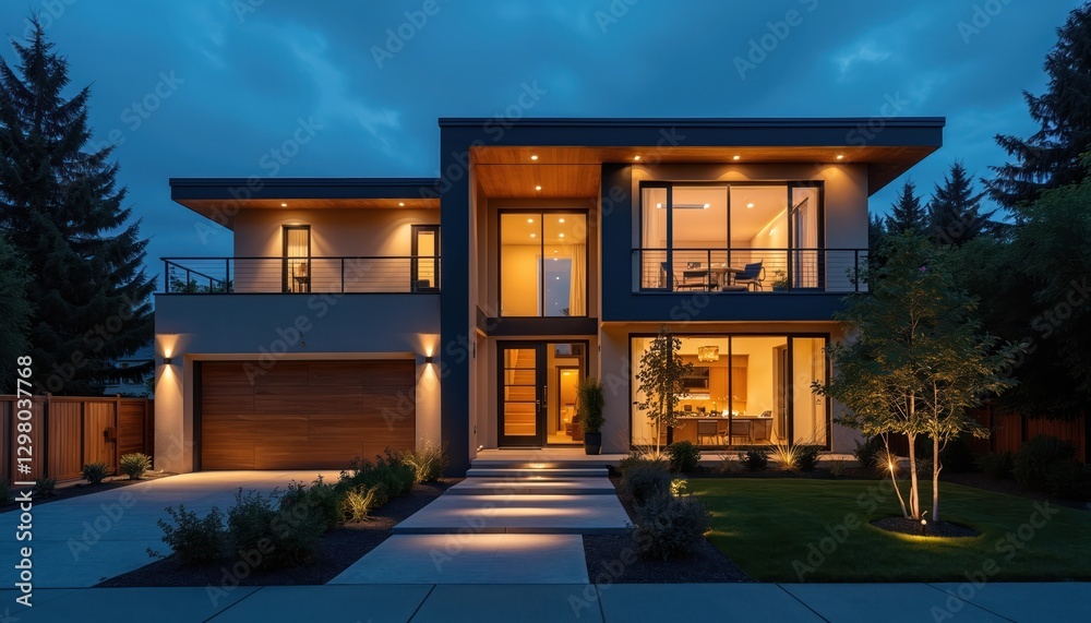 Modern home showcase exterior at twilight. Illuminating design features house facade, garden, architectural details. Outdoor lighting property. Bright LED lights enhance curb appeal. Luxury living, Modern home showcase exterior at twilight. Illuminating design features house facade, garden, architectural details. Outdoor lighting property. Bright LED lights enhance curb appeal. Luxury living,