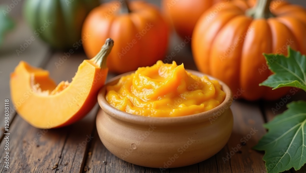 Pumpkin Puree For Dogs. Small bowl of pumpkin butter is next to pumpkin Pumpkin Puree For Dogs. Small bowl of pumpkin butter is next to pumpkin