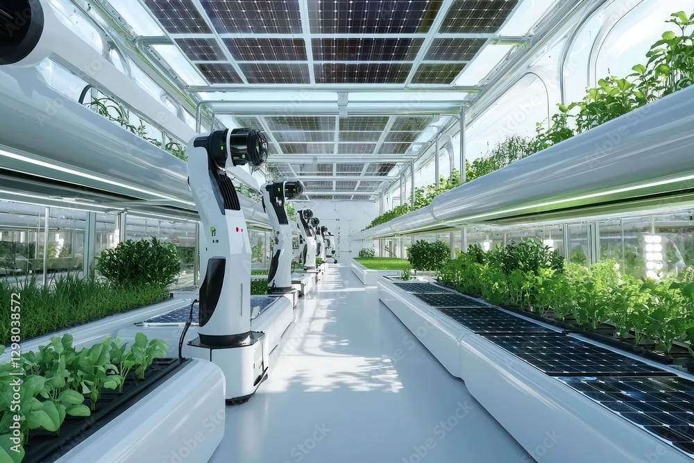 Obraz premium Robots and solar power synergize in advanced greenhouse farming.