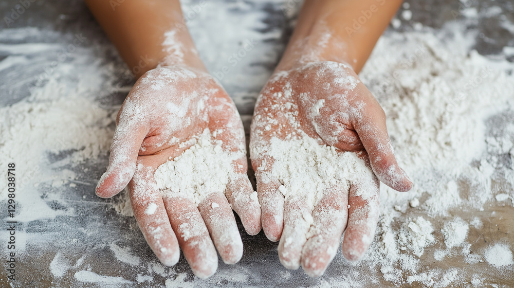 Fototapeta premium Hands covered in flour during baking preparation
