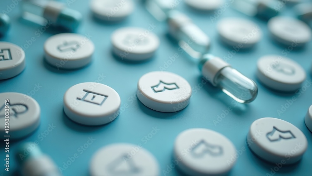 Regulatory Affairs. Pills are lined up on table with sys Regulatory Affairs. Pills are lined up on table with sys