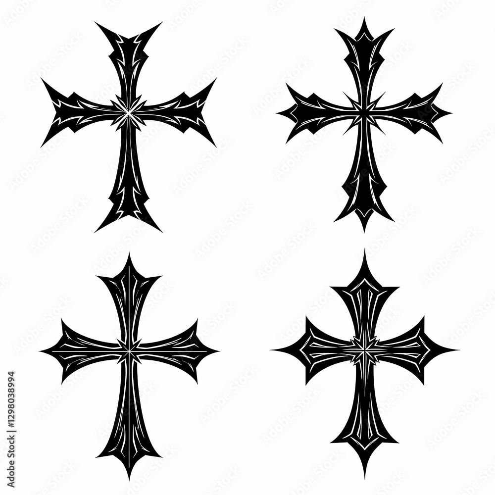 Obraz premium A heavily stylized black cross with angular, geometric shapes. The arms are notched and segmented, adding depth to the design