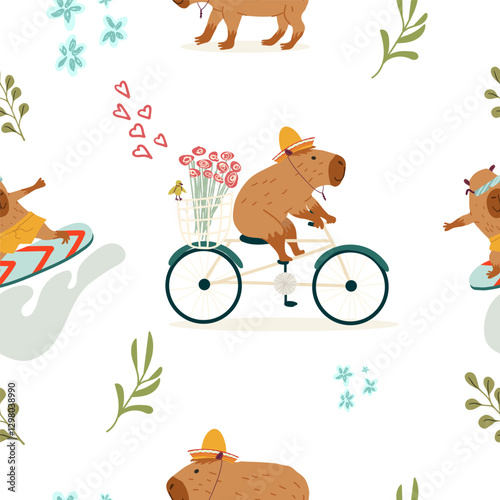 Seamless pattern with cute capybara, hand drawn vector.