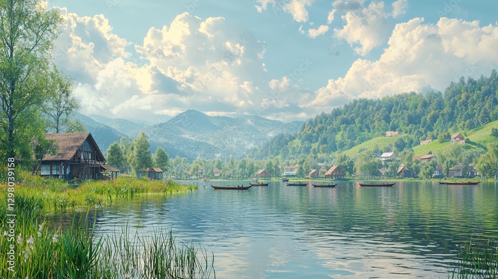 Obraz premium Lake Houses, Boats, and Mountains